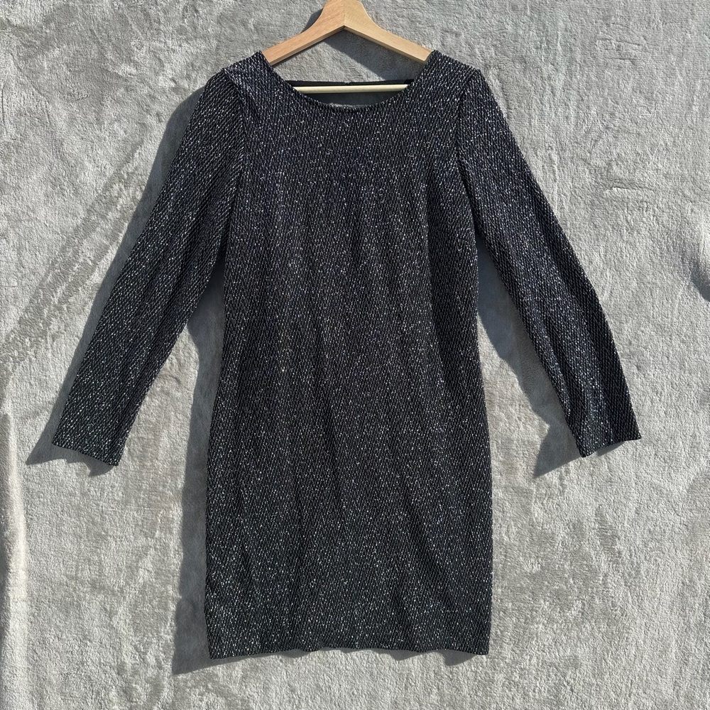 H&M Black Metallic Shimmer Bodycon Dress Open Back Long Sleeve Cocktail Party L